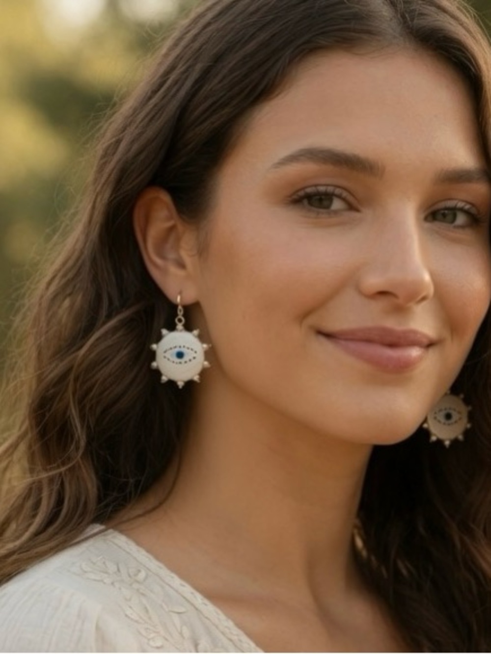 Boho Evil Eye Sunburst Drop Earrings in Cream and Blue